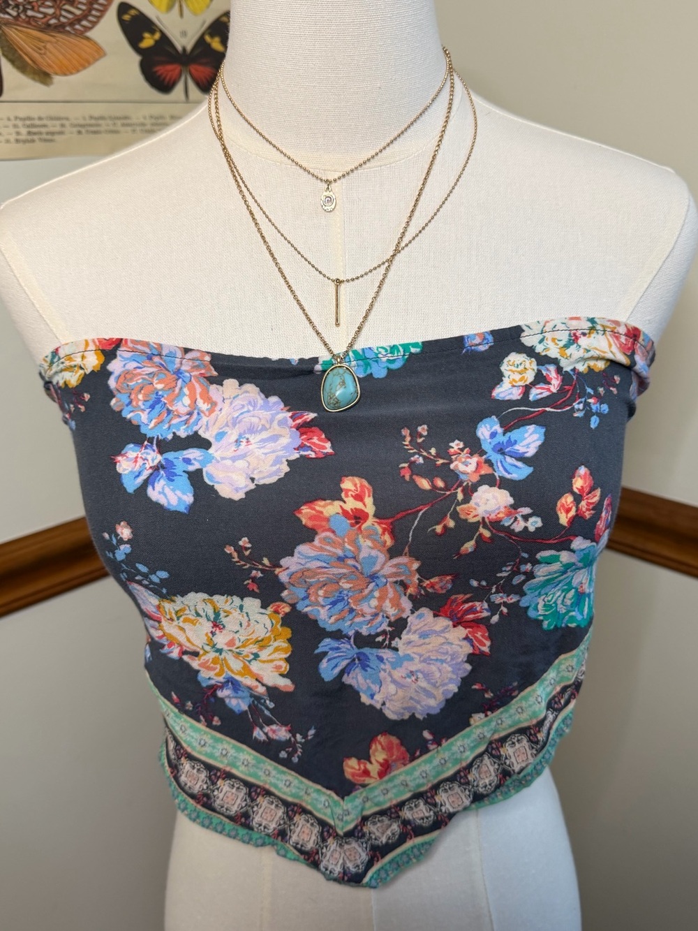 O'Neill Floral Strapless Crop Top in Black with Multicolor Floral Print